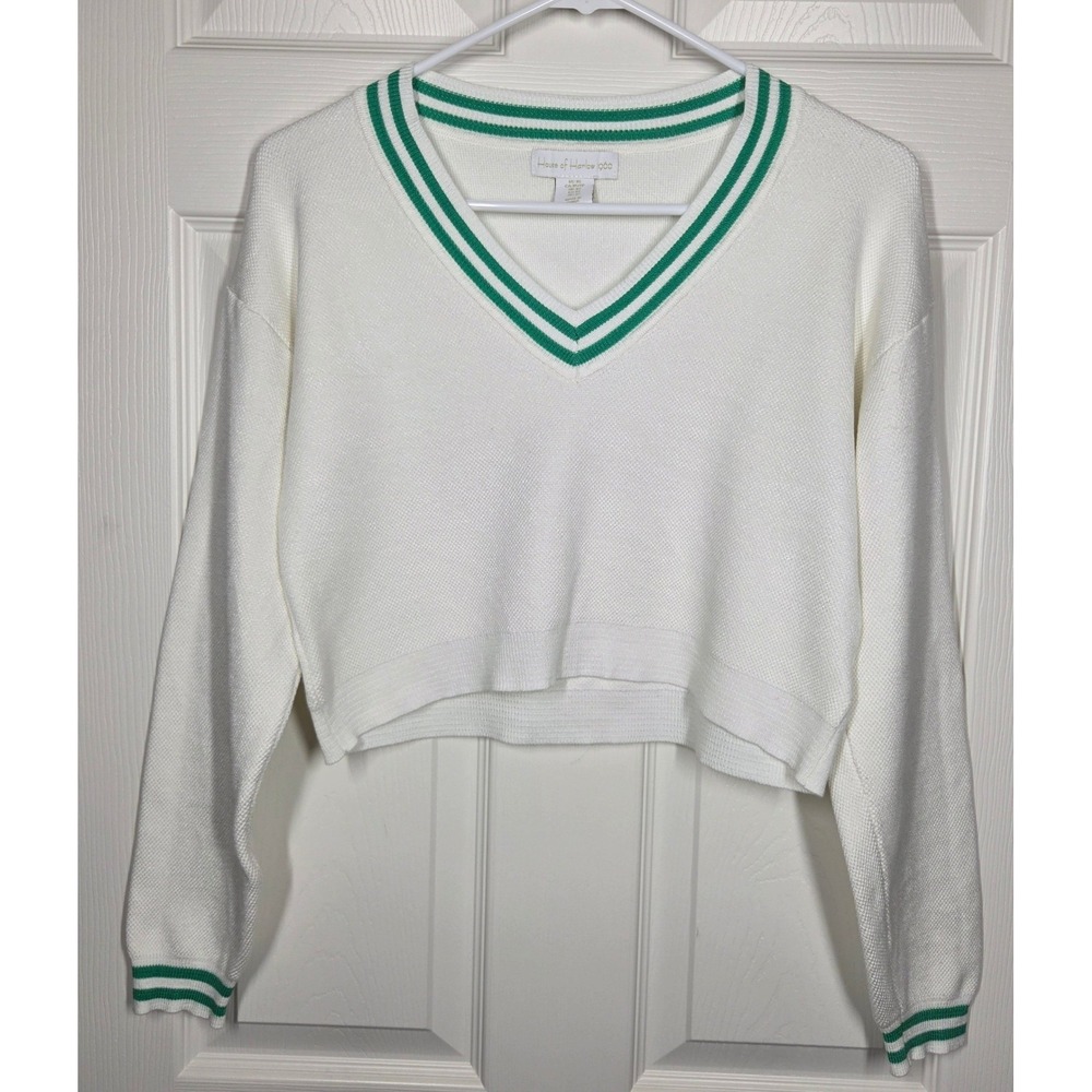 House of Harlow 1960 White Green V-Neck Cropped Tennis Sweater XS Preppy Varsity
